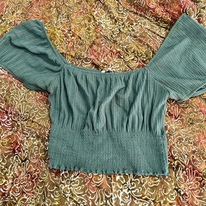 O'Neill Sage Green Smocked Off-Shoulder Crop Top